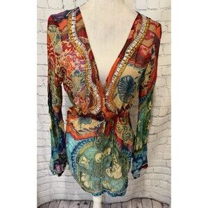 New Phool Tunic Top Womens Sheer Boho Hippie Artsy Waist Tie Rayon Embellished L